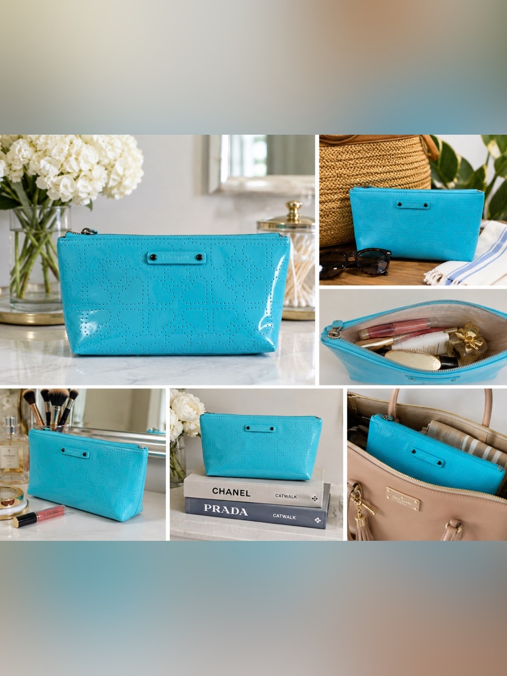 Kate Spade Sparkle cosmetic bag in turquoise patent leather with a‎ 🩵 Pattern